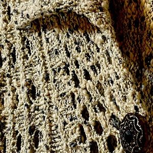 Colour Works Natural and Black Open Knit Long Cardigan w/gold metallic threads.